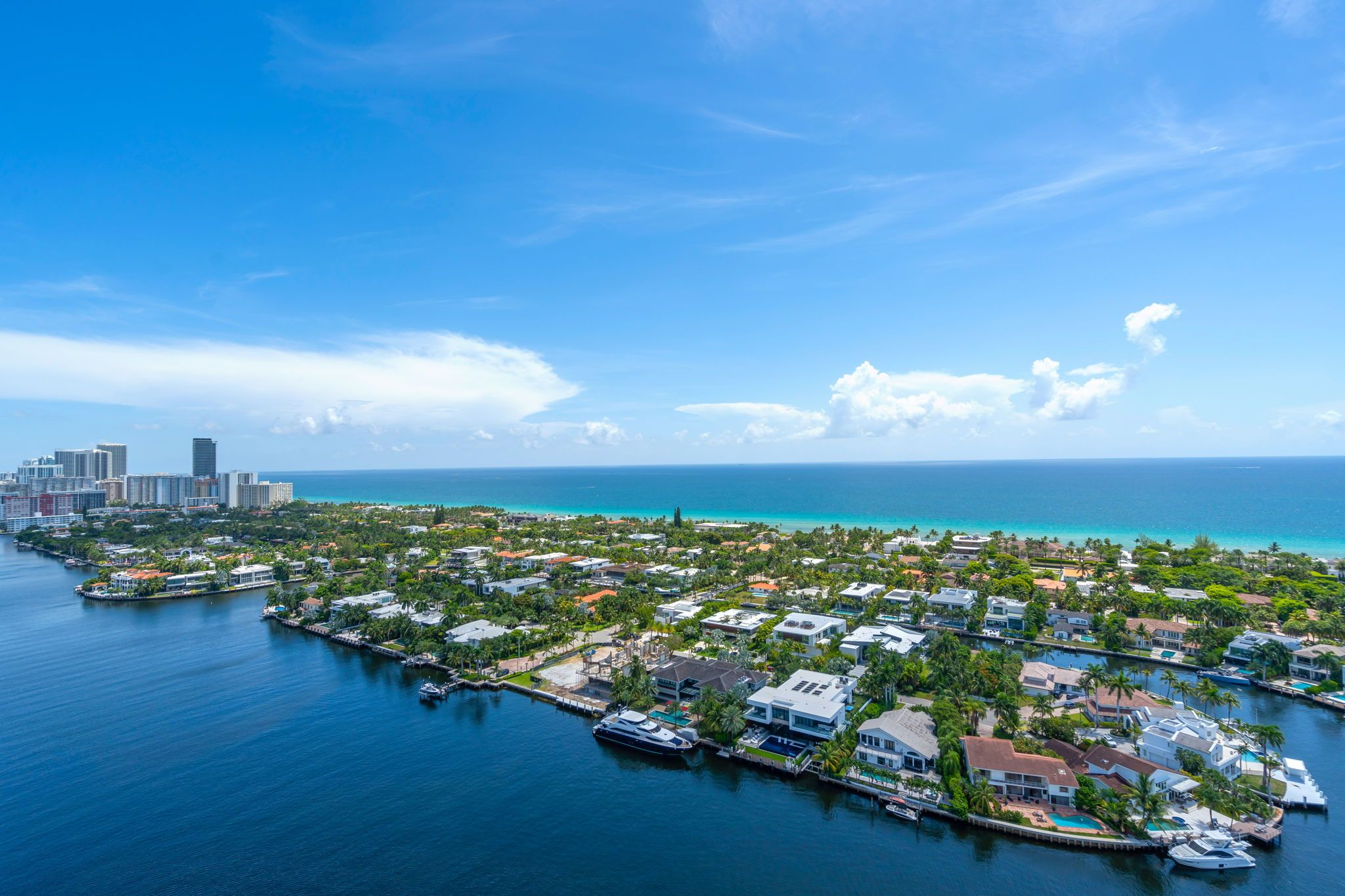Aerial view over the Intracoastal toward Sunny Isles Beach and the Atlantic